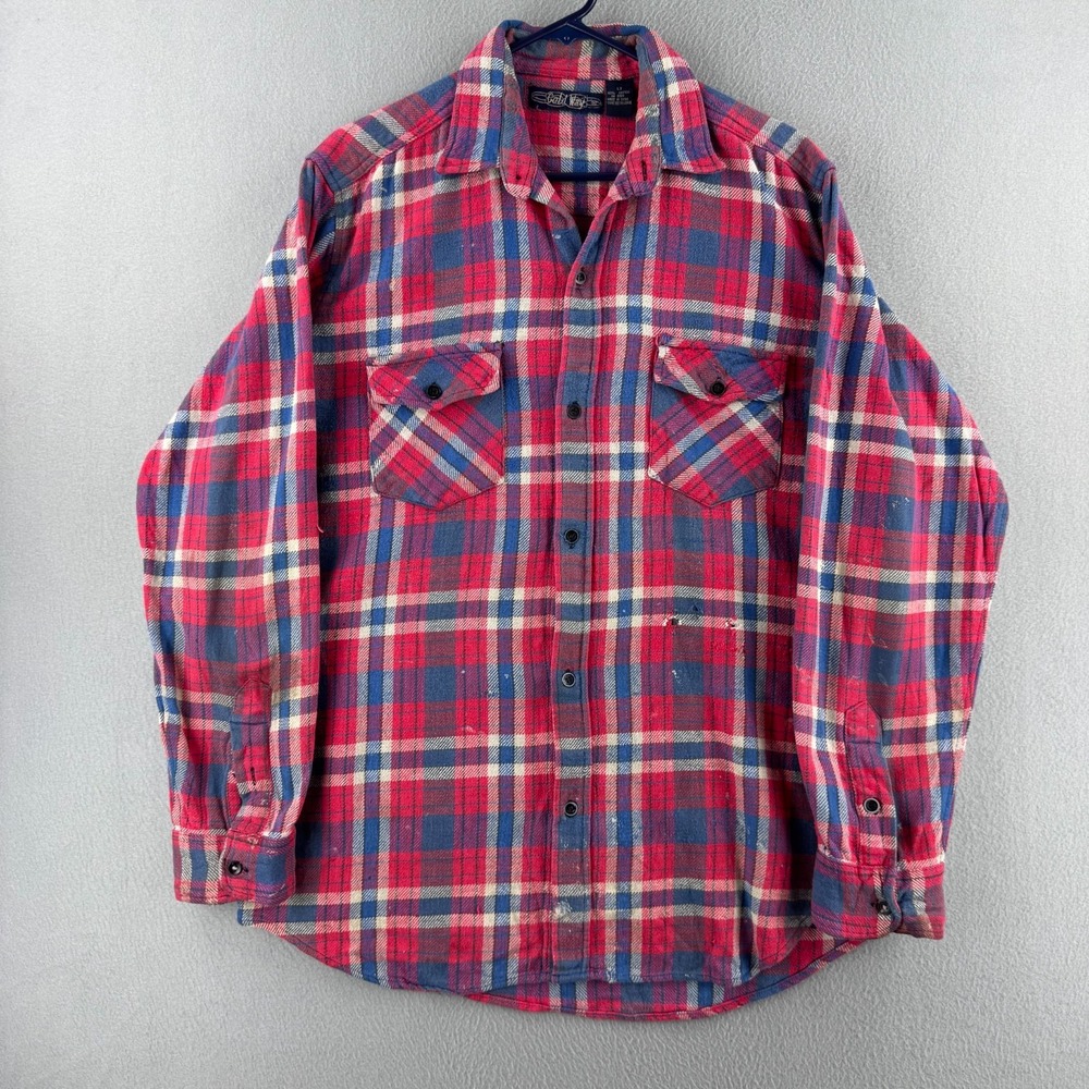 Vintage Flannel Shirt Mens Large Tall Red Plaid 100% Cotton 90s Distressed